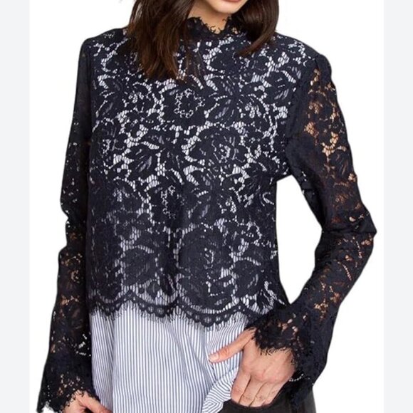 Sugar + Lips Pinstripe and Lace Blouse Navy Blue Long Sleeves Women's Size S - Picture 1 of 11